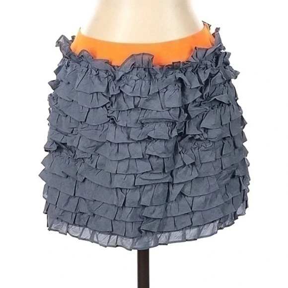J. Crew Cotton Lucca Chambray Tiered Ruffle Mini Skirt Neon Waistband Size XS - Picture 2 of 6
